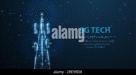 Antenna astratta su blu. Tecnologia 5G, settore delle telecomunicazioni Illustrazione Vettoriale