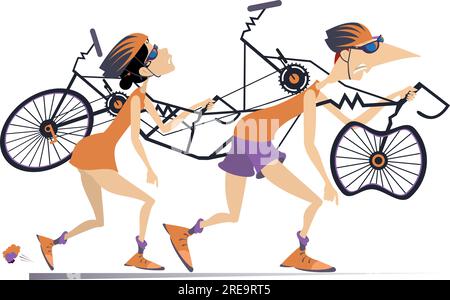 Ciclisti stanchi, uomo e donna, che trasportano una bici tandem rotta. Ciclisti stanchi, uomo e donna, che trasportano una bici tandem rotta sulle spalle Illustrazione Vettoriale