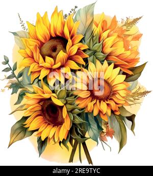 Acquerello giallo girasoli in stile vintage. Elemento di disegno illustrazione vettoriale. Estate Illustrazione Vettoriale