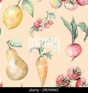 Motivo ad acquerello senza cuciture. Set da giardino. Illustrazione disegnata a mano. Acquerello di frutta e verdura. Giardino. Sfondi blu, bianco, giallo e verde Foto Stock