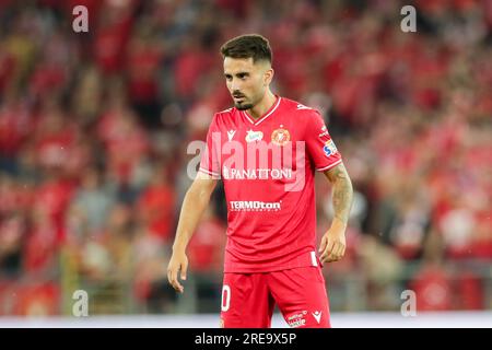 Lodz, Polonia. 23 luglio 2023. Fran Alvarez di Widzew Lodz visto durante la partita di calcio polacca della PKO Ekstraklasa League 2023/2024 tra Widzew Lodz e Puszcza Niepolomice allo stadio municipale Widzew Lodz . Punteggio finale; Widzew Lodz 3:2 Puszcza Niepolomice. (Foto di Grzegorz Wajda/SOPA Images/Sipa USA) credito: SIPA USA/Alamy Live News Foto Stock