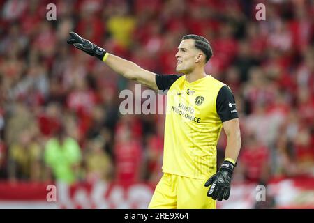 Lodz, Polonia. 23 luglio 2023. Kewin Komar di Puszcza Niepolomice reagisce durante la partita di calcio polacca PKO Ekstraklasa League 2023/2024 tra Widzew Lodz e Puszcza Niepolomice allo stadio municipale Widzew Lodz . Punteggio finale; Widzew Lodz 3:2 Puszcza Niepolomice. (Foto di Grzegorz Wajda/SOPA Images/Sipa USA) credito: SIPA USA/Alamy Live News Foto Stock