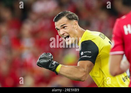 Lodz, Polonia. 23 luglio 2023. Kewin Komar di Puszcza Niepolomice reagisce durante la partita di calcio polacca PKO Ekstraklasa League 2023/2024 tra Widzew Lodz e Puszcza Niepolomice allo stadio municipale Widzew Lodz . Punteggio finale; Widzew Lodz 3:2 Puszcza Niepolomice. (Foto di Grzegorz Wajda/SOPA Images/Sipa USA) credito: SIPA USA/Alamy Live News Foto Stock