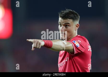 Lodz, Polonia. 23 luglio 2023. Jordi Sanchez di Widzew Lodz reagisce durante la partita di calcio polacca PKO Ekstraklasa League 2023/2024 tra Widzew Lodz e Puszcza Niepolomice allo stadio municipale Widzew Lodz . Punteggio finale; Widzew Lodz 3:2 Puszcza Niepolomice. (Foto di Grzegorz Wajda/SOPA Images/Sipa USA) credito: SIPA USA/Alamy Live News Foto Stock