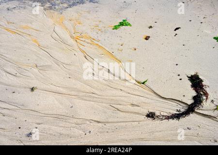 Rivetti d'acqua attraverso la sabbia bagnata che producono il motivo della laguna di Aveiro, Portogallo Foto Stock