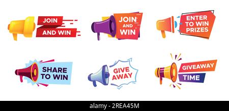Banner omaggio con megafono. Vincitore del concorso, vincitore a sorte con altoparlante che annuncia il concorso, vincitore a sorte Illustrazione Vettoriale