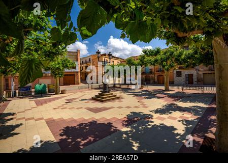 Piazza bassa, a Bovera, in una mattinata di primavera (Les Garrigues, Lleida, Catalogna, Spagna), ESP: Plaza de la bassa de Bovera en una mañana de primavera Foto Stock