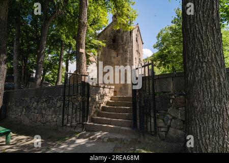 Antico monastero armeno di Sanahin nella parte settentrionale dell'Armenia. Vista aerea. Foto Stock