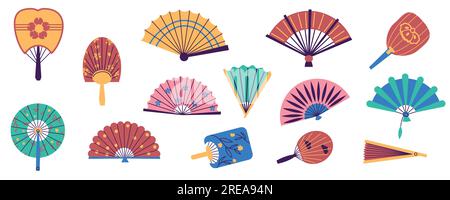 Ventole manuali di carta. Tradizionali ventole pieghevoli orientali, accessori a vento a mano stile piatto di colori diversi. Set di ventole Vector chinese japanese asian Illustrazione Vettoriale