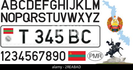 Modello di vettura con targa in Transnistria con numeri, lettere e simboli, paese europeo, illustrazione vettoriale Illustrazione Vettoriale