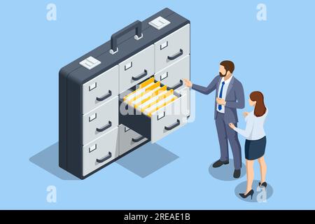 Armadietto con quattro cassetti. Archiviazione isometrica dei file, archiviazione dei dati amministrazione aziendale Illustrazione Vettoriale