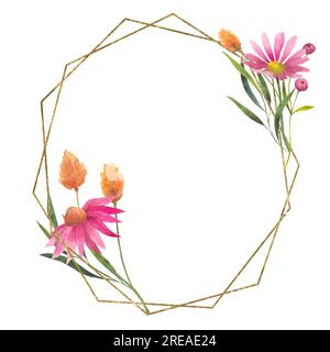 Illustrazione ad acquerello di una corona di fiori selvatici con linee dorate. Modello floreale con spazio per il testo. Papaveri californiani disegnati a mano, fiori secchi per Foto Stock