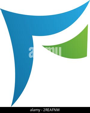 Icona lettera F a forma di carta ondulata blu e verde su sfondo bianco Illustrazione Vettoriale