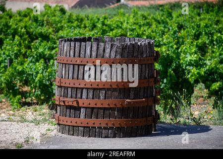 Vecchio torchio di vino nel villaggio francese di produzione del vino di Chateauneuf-du-Pape, con vigneti verdi su grandi ciottoli di galet e terreni arenari. Foto Stock