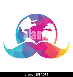Logo con icona vettoriale baffi e globo. Modello di design del logo vettoriale World MAN Day. Illustrazione Vettoriale