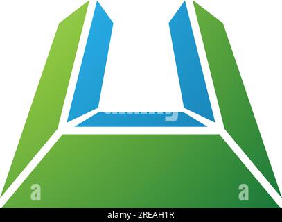Icona a forma di lettera U verde e blu in prospettiva su sfondo bianco Illustrazione Vettoriale