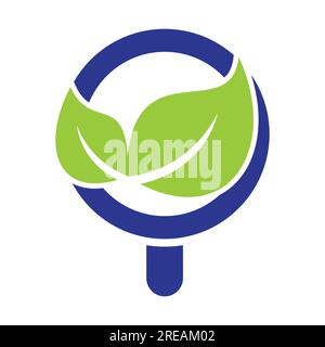 Modello di logo vettoriale per il concetto di forma della lampadina di ricerca delle lamelle. Il logo Nature Finder disegna il concept Vector, il logo Leaf Finder Illustrazione Vettoriale