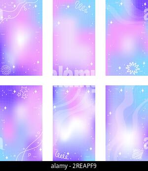 Set alla moda di sfondo di template astratti con sfumatura mesh sfocato rosa viola con spazio per la copia e disegno a mano Kawaii Y2K Illustrazione Vettoriale