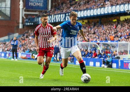 Glasgow, Regno Unito. 26 luglio 2023. L'ultima amichevole dei Rangers all'Ibrox Stadium, Glasgow, Scozia, Regno Unito, prima dell'inizio della stagione 23/24 fu tra Rangers e Olympiakos. Crediti: Findlay/Alamy Live News Foto Stock