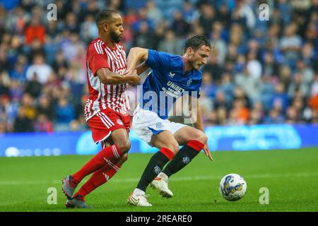 Glasgow, Regno Unito. 26 luglio 2023. L'ultima amichevole dei Rangers all'Ibrox Stadium, Glasgow, Scozia, Regno Unito, prima dell'inizio della stagione 23/24 fu tra Rangers e Olympiakos. Crediti: Findlay/Alamy Live News Foto Stock