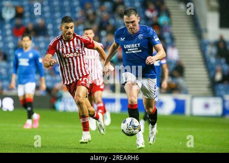 Glasgow, Regno Unito. 26 luglio 2023. L'ultima amichevole dei Rangers all'Ibrox Stadium, Glasgow, Scozia, Regno Unito, prima dell'inizio della stagione 23/24 fu tra Rangers e Olympiakos. Crediti: Findlay/Alamy Live News Foto Stock