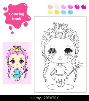 Libro da colorare per bambini. Ragazza anime con corona. Illustrazione Vettoriale