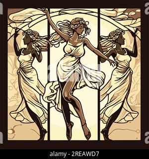 Tre ninfe d'acqua che ballano, in stile art nouveau Illustrazione Vettoriale