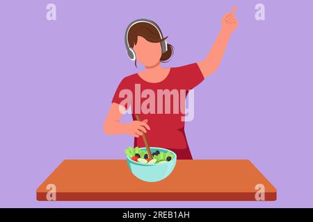 Disegno in stile piatto a cartoni animati bella donna che prepara insalata fresca in ciotola e ascolta musica con le cuffie in cucina. Cucinare un pasto delizioso. Preparatevi Foto Stock