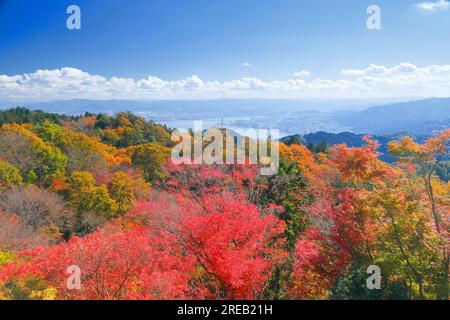 Foglie autunnali sul Monte Hieizan e l'area urbana di Otsu Foto Stock