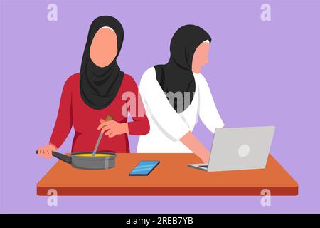 Disegno in stile piatto a cartoni animati due donne arabe che cucinano cena ha videochiamata conversazione in cucina e conversazione con un amico utilizzando l'applicazione sul laptop Foto Stock