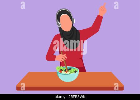 Disegno in stile piatto da cartoni animati donna araba felice che prepara insalata fresca in ciotola e ascolta musica con le cuffie in cucina. Cucinare un pasto delizioso. Prepar Foto Stock