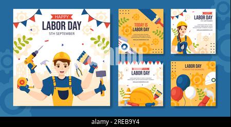 Happy Labor Day Social Media Post Flat Cartoon modelli disegnati a mano background Illustrazione Illustrazione Vettoriale