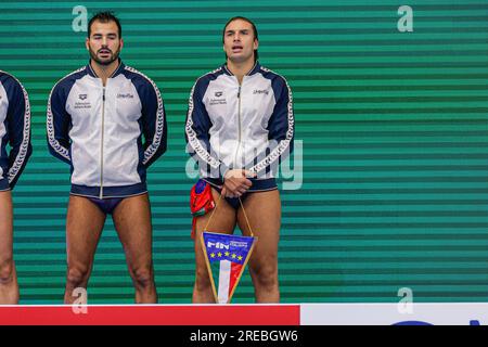 Fukuoka, Giappone. 27 luglio 2023. FUKUOKA, GIAPPONE - LUGLIO 27: Marco del lungo d'Italia durante i Campionati del mondo di Aquatics 2023 Men's Waterpolo Classification 5th-8th Place match tra Montenegro e Italia il 27 luglio 2023 a Fukuoka, Giappone (foto di Albert Ten Hove/Orange Pictures) credito: Orange Pics BV/Alamy Live News Foto Stock