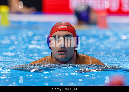 Fukuoka, Giappone. 27 luglio 2023. FUKUOKA, GIAPPONE - LUGLIO 27: Marco del lungo d'Italia durante i Campionati del mondo di Aquatics 2023 Men's Waterpolo Classification 5th-8th Place match tra Montenegro e Italia il 27 luglio 2023 a Fukuoka, Giappone (foto di Albert Ten Hove/Orange Pictures) credito: Orange Pics BV/Alamy Live News Foto Stock