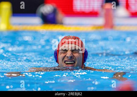 Fukuoka, Giappone. 27 luglio 2023. FUKUOKA, GIAPPONE - LUGLIO 27: Marco del lungo d'Italia durante i Campionati del mondo di Aquatics 2023 Men's Waterpolo Classification 5th-8th Place match tra Montenegro e Italia il 27 luglio 2023 a Fukuoka, Giappone (foto di Albert Ten Hove/Orange Pictures) credito: Orange Pics BV/Alamy Live News Foto Stock