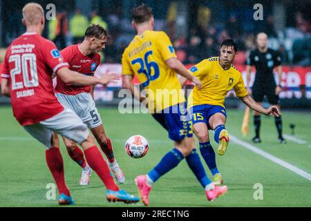 Silkeborg, Danimarca. 23 luglio 2023. Blas Riveros (15) di Broendby SE visto durante il 3F Superliga match tra Silkeborg IF e Broendby IF al Jysk Park di Silkeborg. Foto Stock