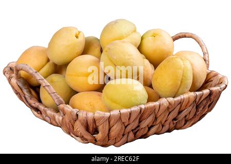 Albicocche isolate su sfondo bianco. Un mucchio di albicocche fresche in un cestino. primo piano Foto Stock