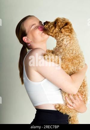 Una ragazza con il suo schnoodle Foto Stock