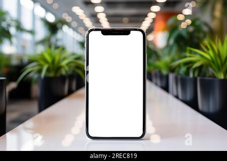 lo smartphone mostra uno schermo bianco posizionato su un tavolo bianco circondato da fiori. Smartphone Mockup Blank Foto Stock