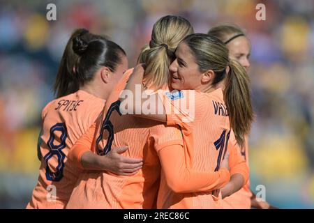 Wellington, nuova Zelanda. 27 luglio 2023. La squadra di calcio femminile olandese celebra un gol durante la partita della Coppa del mondo femminile FIFA 2023 tra USA e Paesi Bassi tenutasi presso il Wellington Regional Stadium. Punteggio finale USA 1:1 Paesi Bassi credito: SOPA Images Limited/Alamy Live News Foto Stock