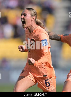 Wellington, nuova Zelanda. 27 luglio 2023. Katja Snoeijs, squadra di calcio femminile olandese reagisce durante la partita della Coppa del mondo femminile FIFA 2023 tra USA e Paesi Bassi tenutasi al Wellington Regional Stadium. Punteggio finale USA 1:1 Paesi Bassi (foto di Luis Veniegra/SOPA Images/Sipa USA) credito: SIPA USA/Alamy Live News Foto Stock