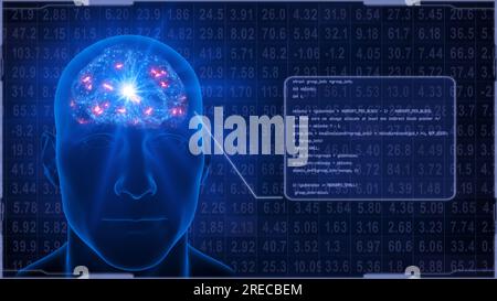 Il processo del pensiero umano nella corteccia cerebrale accanto al codice del programma. Rendering 3D. Foto Stock