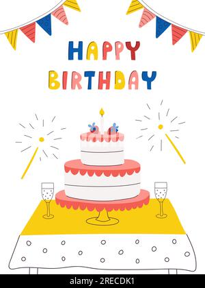 Biglietto di compleanno con torta su un tavolo con tovaglia, bicchieri da vino, bandiere, scintillanti e parole disegnate a mano buon compleanno. Biglietto d'auguri di colore brillante Illustrazione Vettoriale