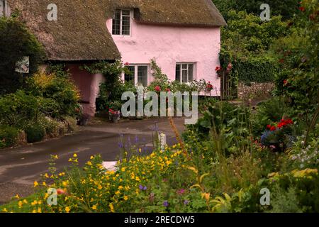 Bellissime case antiche nel borgo medievale di Dunster, Foto Stock