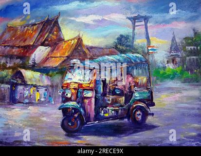 Pittura d'arte tuk tuk tuk color olio taxi, siam terra di sorrisi Foto Stock