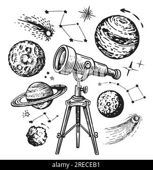 Il telescopio retrò guarda pianeti e stelle. Galaxy, concetto spaziale. Disegno a mano illustrazione vintage Foto Stock
