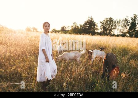 Una giovane donna in abito bianco cammina con le capre sul prato al tramonto. Attraente contadina che dà da mangiare alle sue capre con la sua piccola impresa biologica Foto Stock