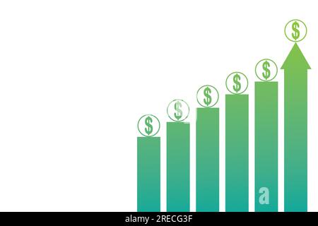 Grafico aziendale in crescita con simbolo del dollaro su sfondo bianco. Illustrazione vettoriale. Illustrazione Vettoriale