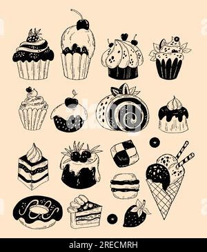 Raccolta di alimenti dolci. Pasticcini disegnati a mano. Dessert, panini, ciambelle, torte, biscotti, muffin e pasticcini, gelato e cremoso dessert alla fragola. Vect Illustrazione Vettoriale