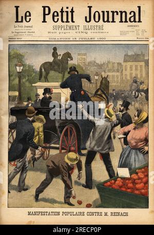 Lancer de tomates de la foule, a la sortie du palais de Justice, contre M. Joseph Reinach (1856-1921), avocat, journaliste et homme politique, qui des 1894 s' Engage dans la Defense d' Alfred Dreyfus ( 1859-1935) Et denonce les faux documents Verses dans le dossier par le colonel Hubert Henry (1846-1898), que la veuve poursuit pour diffamation . Gravure in "le petit Journal" 1571900. . Foto Stock